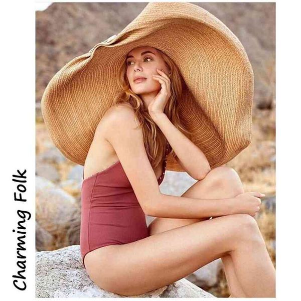 

sun hat 25cm wide brim oversized beach s for women large straw uv protection foldable shade wholesale drop 210709, Blue;gray