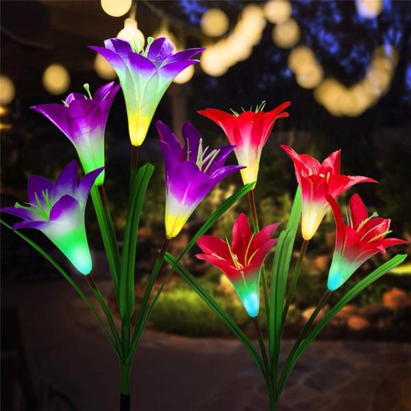 Lâmpadas solares ao ar livre lâmpadas solares RGB cor de lírio de lírio flor de jardim impermeável paisagem decorativa luz para decoração de pátio em casa