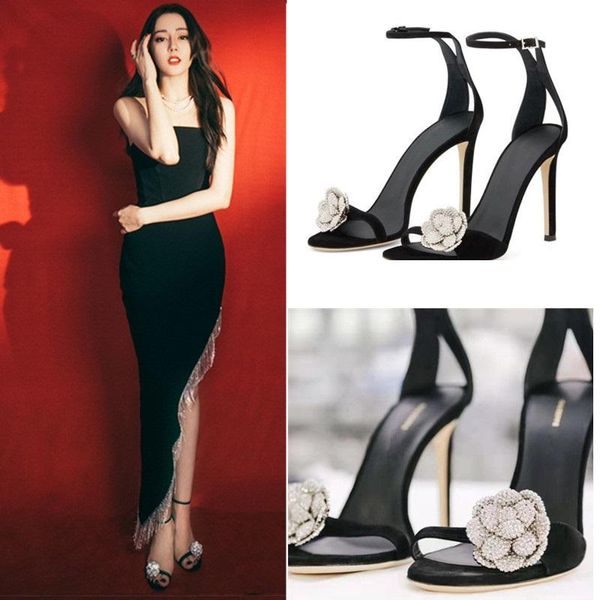 

star faves stage show rhinestone sandals 2021,open toe women summer heels,sheepskin shoes,ankle buckle strap,black,drop