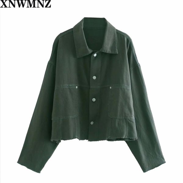 

women cropped denim jacket short collared long sleeve side patch pocket seamless hem metal button female chic 210520, Black;brown