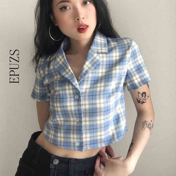 

summer blouse women vintage green plaid shirts women korean crop streetwear ladies elegant button shirts 210430, White