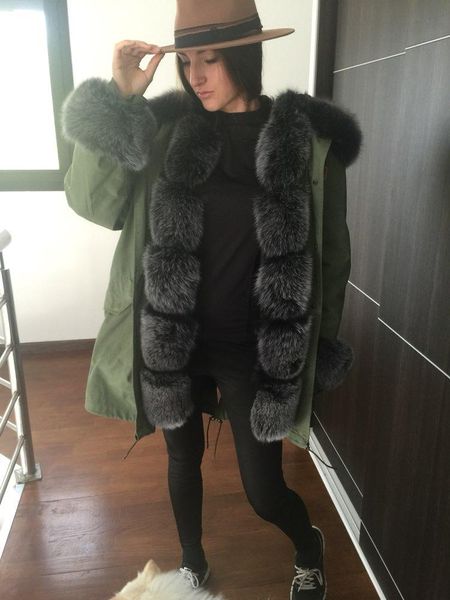 

women's fur & faux coat women real parka genuine lining winter outwear, Black