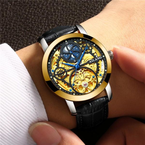 

wristwatches ailang transparent golden case fashion design brown leather strap mens watches mechanical skeleton watch 6812a, Slivery;brown