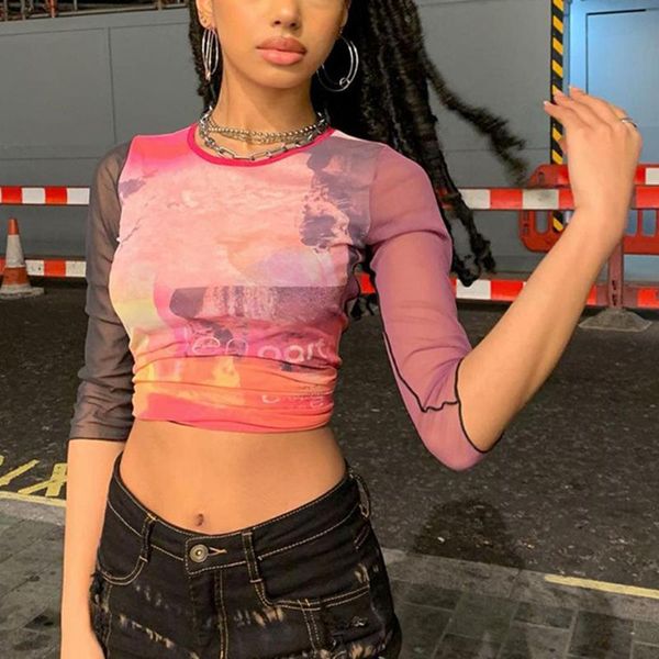 

women's t-shirt vintage punk y2k hollow out crop gothic street tee shirt for casual basic tees female 2021 summer long sleeve top, White