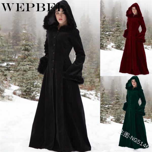 

women's & blends women winter coat fur hooded vintage retro casual solid color slim new fashion lady long wool coats, Black