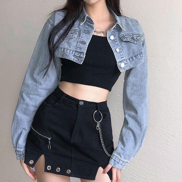 

extra short jeans women 2021 long sleeve autumn clothes fashion slim denim jacket white black streetwear coats women's jackets, Black;brown