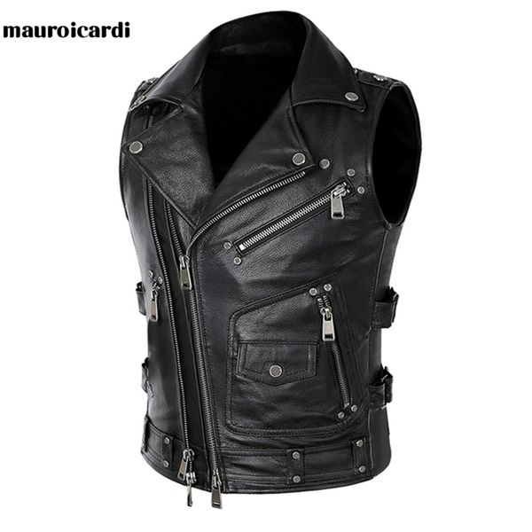 

mauroicardi autumn black motorcycle leather vest men zipper pockets plus size faux leather biker sleeveless jacket 4xl 5xl 211110