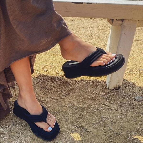 

women slippers 2021 clip toe sandals shoes wedge platform fashion dress high heels female flip flops casual, Black