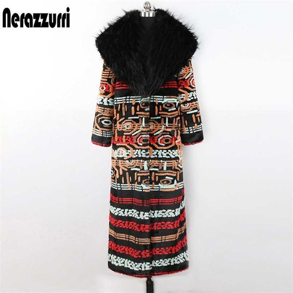 

nerazzurri winter long colorful faux fur coat women with collar fluffy multicolor luxury designer clothing 211220, Black