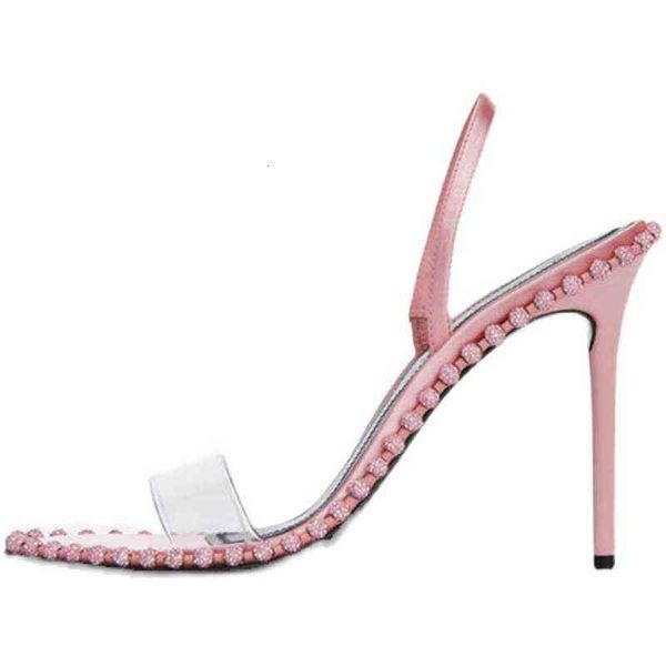 

women's formal shoes transparent one line sandals 2021 summer fairy temperament pink king high thin heels, Black