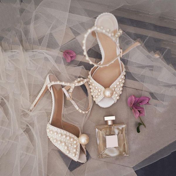

white leather buckle strap sandals women high heel wedding shoes open peep toe pearl fashion pumps bridal party plus size dress, Black