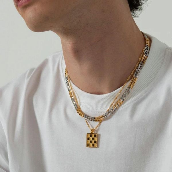 

pendant necklaces simple fashion stainless steel rectangle checkerboard necklace for women punk stackable chokers jewelry, Silver