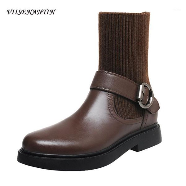 

boots knitted stitching mid-tube ankle sock women's round toe flat bottom casual leather metal buckle short1, Black