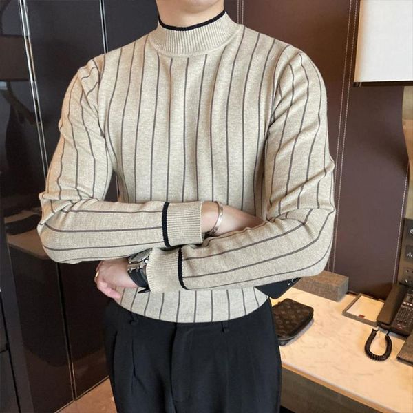 

men's casual stripe knitted pullover autumn half high neck men sweater korean slim sweaters dkrx, White;black