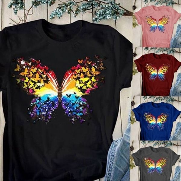 

fashion t-shirts 2021 summer women's butterfly print round neck short sleeve, White