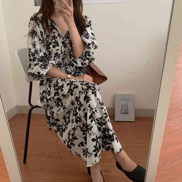 

casual dresses summer femme ol a-line printed florals 2021 sweet long es retro v-neck streetwear vintage all match vestidos 7i7h, Black;gray