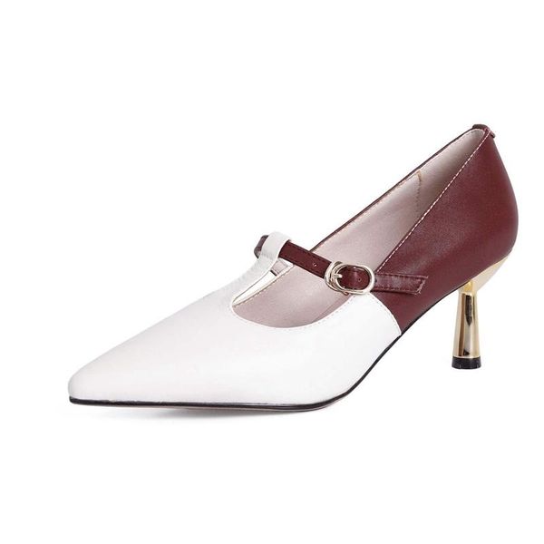 

genuine leather pointed toe high heels mixed colors shallow fashion office lady buckle straps women pumps l1f3 dress shoes, Black
