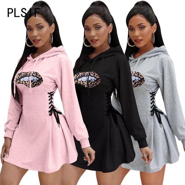 

casual dresses hooded special design lip print flt and flare dress lady fashion women sheath mini, Black;gray