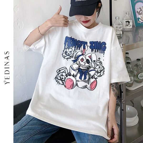 

yedinas summer cartoon printed t shirt women oversized loose s girl korean fashion white shirt harajuku ee gothic 210527