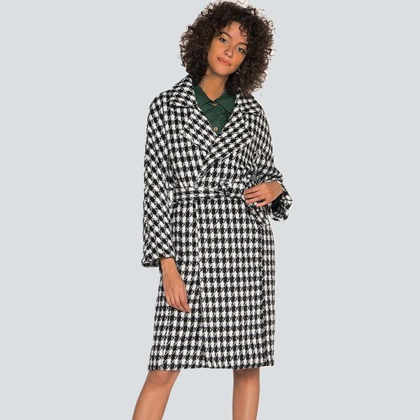 

women's wool & blends 2021 autumn winter coat women long plaid coats vintage houndstooth fashion sleeve lapel windbreaker, Black