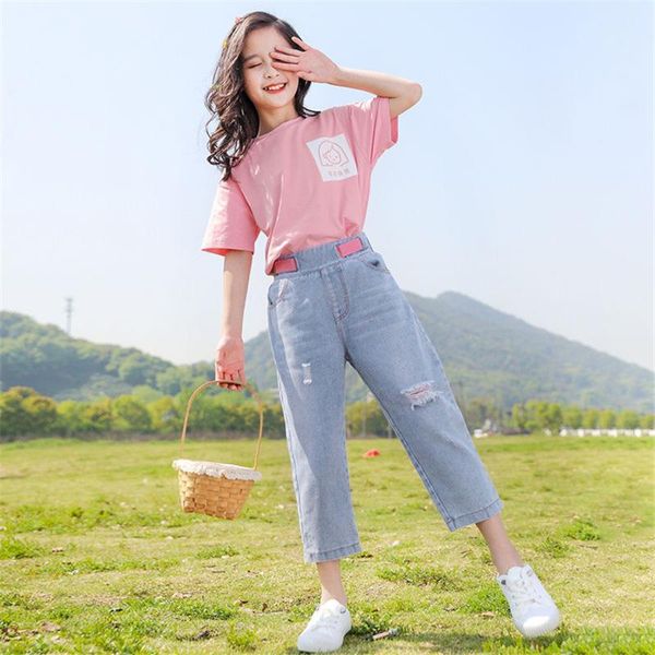 

kids girls clothes summer sports t-shirt pants suits for teenage toddler outfit set sportswear tracksuit 8 10 12 14 years clothing sets, White