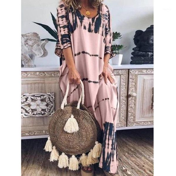 

tie dye maxi dress women's summer crew neck short sleeve loose casual long dresses plus size 2xl sundress, Black;gray