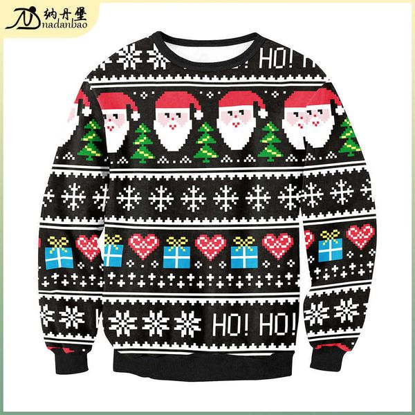 

women's santa claus printed round neck long sleeve sweater, Black