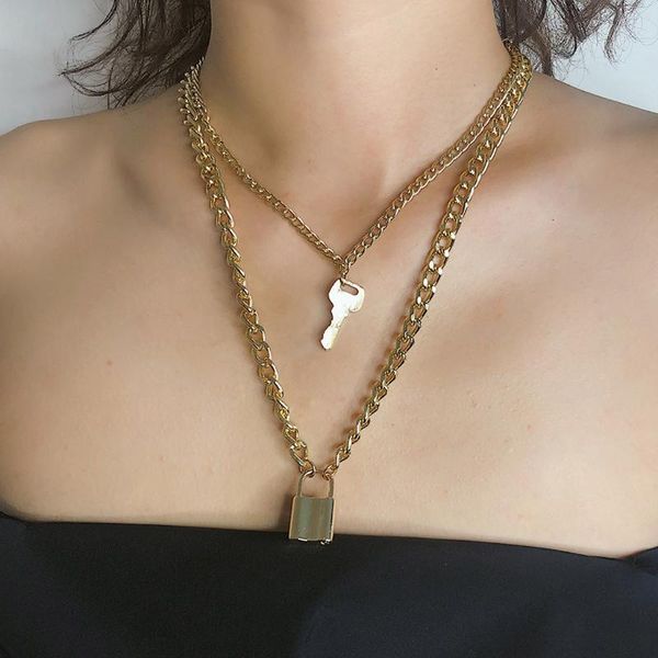 

pendant necklaces lock key padlock charm necklace chain women jewelry gift statement 2021 alloy big, Silver