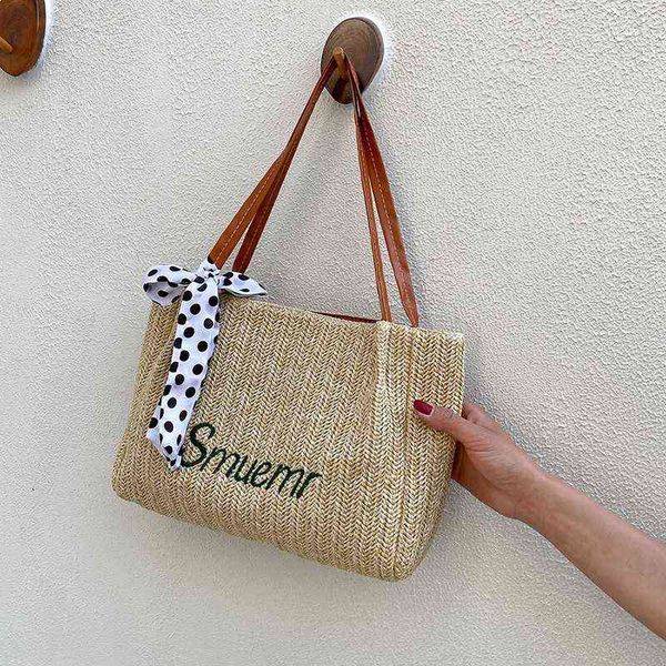 

shopping bags new straw handbags for women silk scarf pearl decoration tote hit color designer luxury zipper matching purses 220309