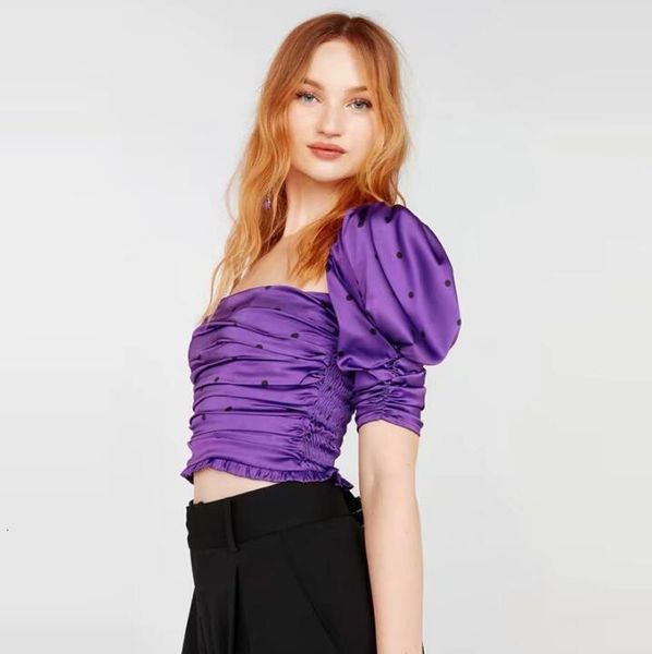 

designer stylish for love lemons purple women blouse and vintage satin dot square neck puff sleeve ruffles slim shirt, White
