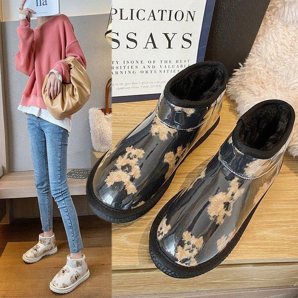

boots waterproof snow women's winter style plus velvet padded non-slip bear pattern short tube warm cotton shoes long, Black