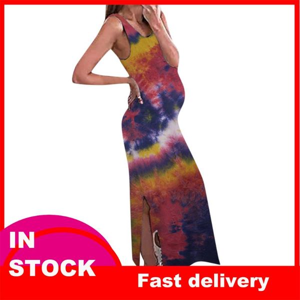 

maternity dresses 4# tie-dye summer dress pregnant print long sleeveless women with round neck vestido de mujer kobieta sukienka, White