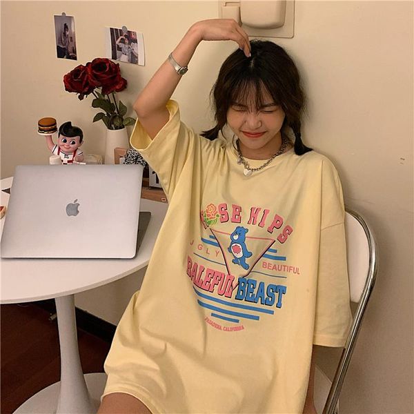 

women's t-shirt summer cartoon printing mid-length loose short-sleeved casual all-match college style women, White