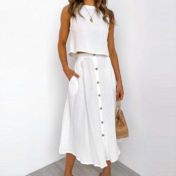 

summer sleeveless 2 pieces skirt women tracksuits sets o neck crop single breasted midi skirts female set solid elegant, Gray