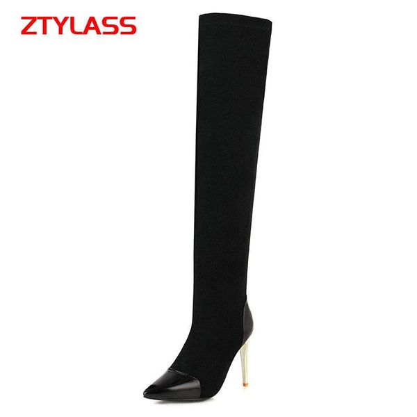 

autumn women boots stretch metal thin high heel over the knee female pointed toe black apricot