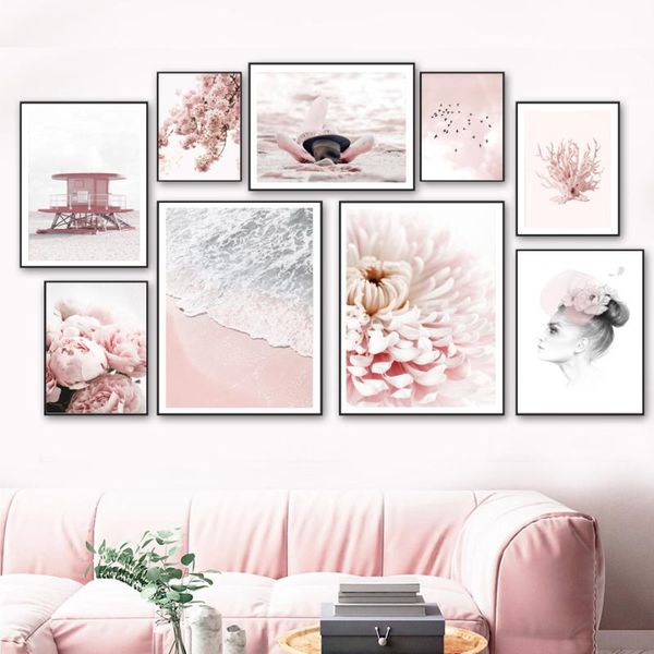 

paintings pink beach flower dahlia peony girl bird wall art canvas painting nordic posters and prints pictures for living room decor