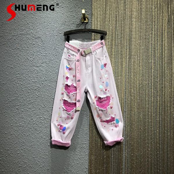 

women's jeans colorful beaded sequins printed ripped for women 2021 summer fashion high waist loose thin harem pants ladies, Blue