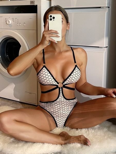 

ring linked cut out one piece swimsuit g7t0#, White;black