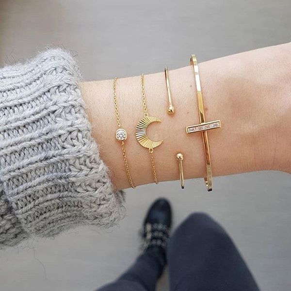 

link, chain 4 pcs/ set classic cross moon round crystal gem gold opening bracelet women fashion party clothing jewelry accessories, Black