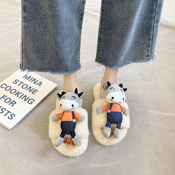 

flock house slippers platform slides slipers women fur flip flops fashion low soft plush luxury flat casual winter, Black