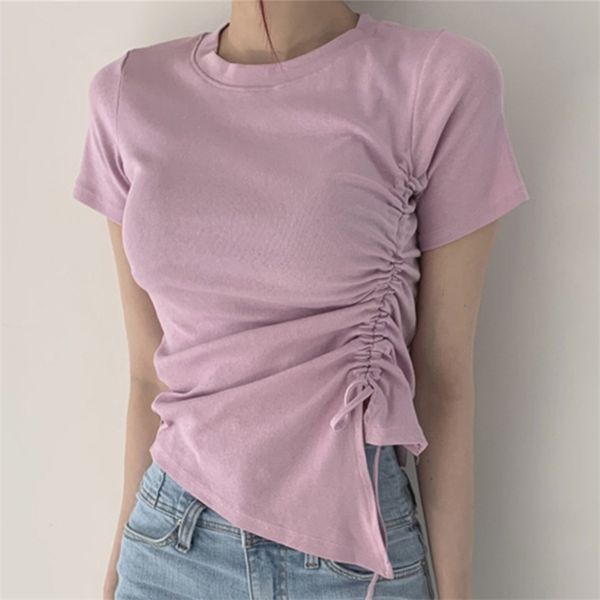 

korea chic temperament joker round neck candy-colored irregular drawstring strap slim short sleeve t-shirt 210529, White