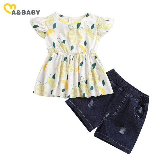 1-6y verão criança crianças bebê menina conjunto de limão impressão t shirt denim shorts jeans casuais roupas trajes 210515