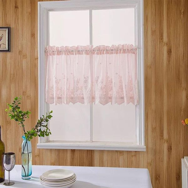 

pink black curtain kitchen short valance 1pc tulle voile drapes floral lace embroidered rod pocket for girl's bedroom &