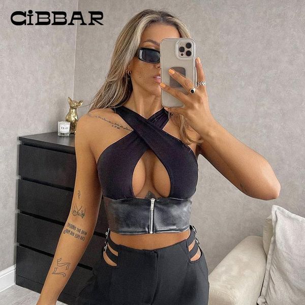 

women's tanks & camis cibbar patchwork cross halter women summer low chest solid skinny crop female fashion casual all-match s, White