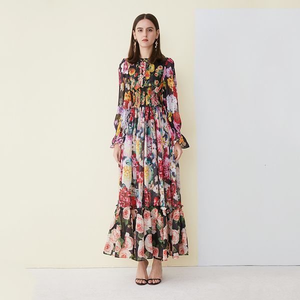 

casual dresses chic feminine long 2021 spring floral summer printing sleeves chiffon ed elegant princess g099, Black;gray