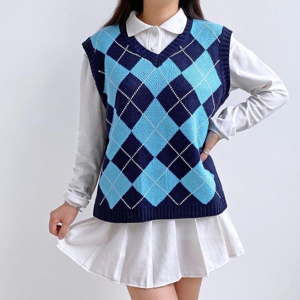 

women diamond lattice knitted sweaters sleeveless casual color block pullover waistcoat round neck girls sweater vest crop women's, White;black