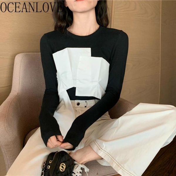 

women's t-shirt oceanlove 2021 spring patchwork white black vintage slim mujer camisetas long sleeve ins woman t shirts korean