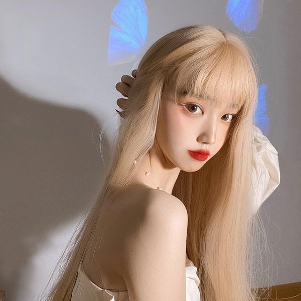 

synthetic wigs high temperature resistant fiber golden female long straight hair blonde style artificial wig princess cut realistic fluffy, Black