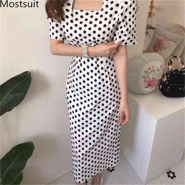 

korean square collar dot printed long dress women short sleeve high waist straight dresses elegant fashion ladies vestidos 210513, Black;gray