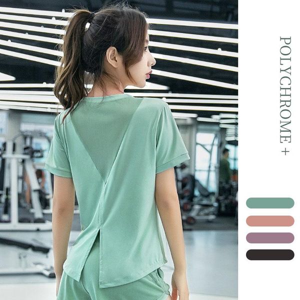 

sports shirts women mesh patchwork breathable yoga quick-dry fitness short sleeve gym workout running loose t-shirts outfit
